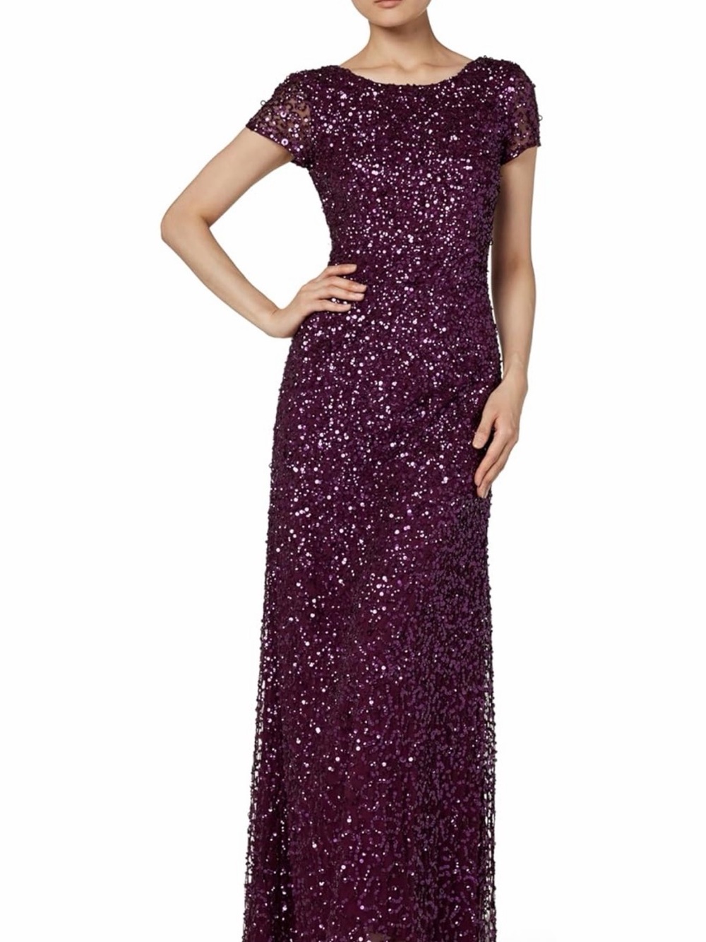 Adrianna Papell Plum Sequin Short Sleeve Maxi Dress